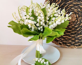 Ensemble bouquet de muguet et boutonnière, porcelaine froide, bouquet de la mariée, boutonnière, muguet, accessoires de mariage, blanc