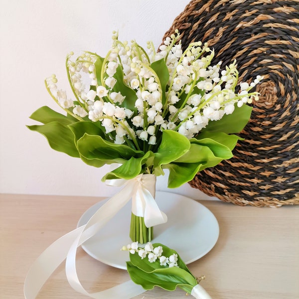 Ensemble bouquet de muguet et boutonnière, porcelaine froide, bouquet de la mariée, boutonnière, muguet, accessoires de mariage, blanc