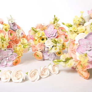 Wedding bouquet and boutonniere set, made of air dry clay, bridal bouquet with roses, succulents, ranunculus and tulips in pastel shades image 3