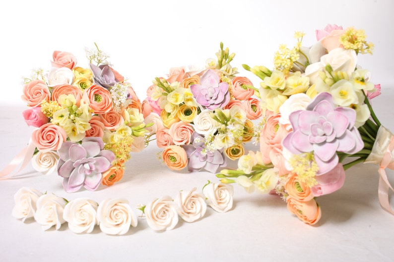 Wedding bouquet and boutonniere set, made of air dry clay, bridal bouquet with roses, succulents, ranunculus and tulips in pastel shades image 3
