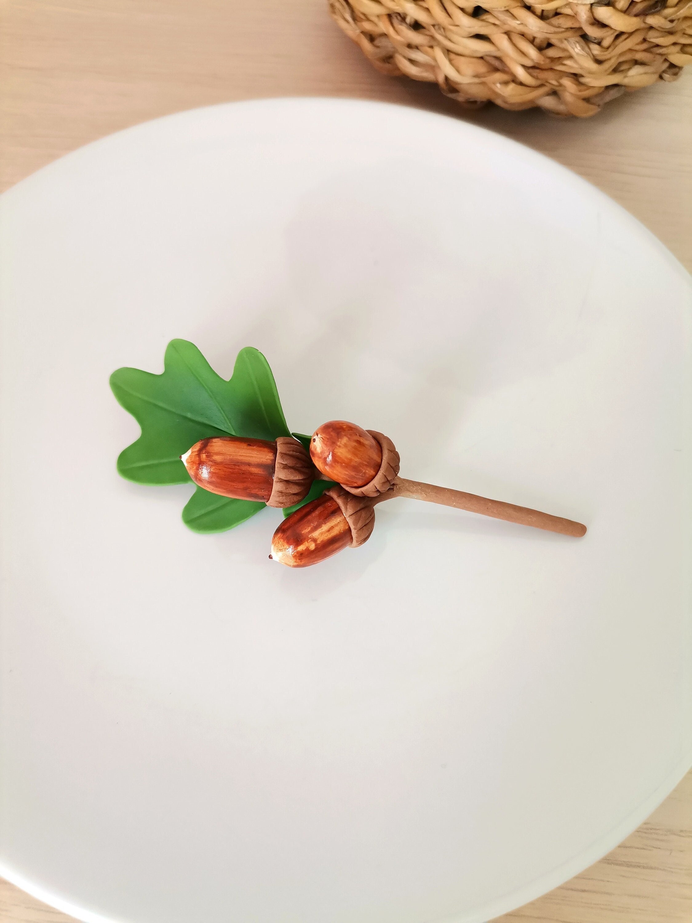 Accessoires, Clay Brosche, Brosche Mit Eicheln, Aus Polymer Clay, Grün Und Braun