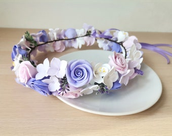 Flower crown, bridal wreath, hair accessories, made of air dry clay, roses, hidrangea