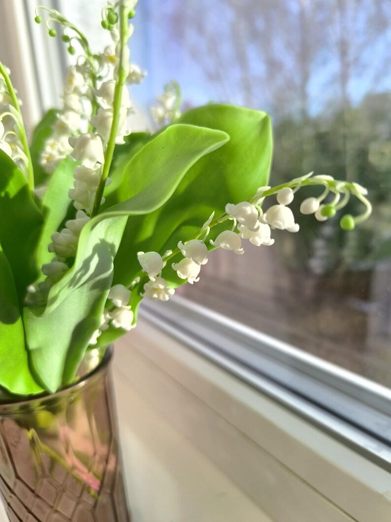 Bouquet of lilies, lily of the valley, may lily, home decor, floral arrangement, made of air dry polymer clay, present, gift, white image 4