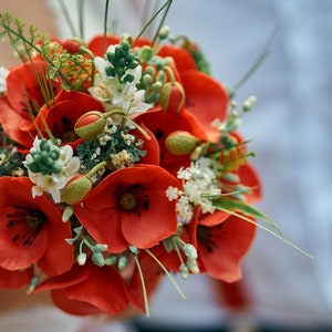 Rustic bouquet, Wedding bouquet and boutonniere set, Boho style, Clay bouquet, Red poppy