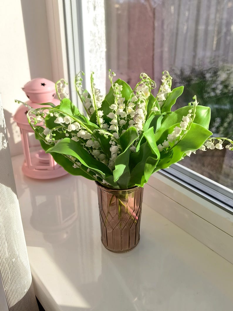 Bouquet of lilies, lily of the valley, may lily, home decor, floral arrangement, made of air dry polymer clay, present, gift, white image 10