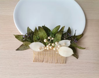 Eucalyptus, hair comb, bridal accessories, wedding accessories, floral comb, made of air dry polymer clay, greenery, pearls