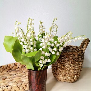 May include: A bouquet of white lily of the valley flowers in a brown vase with a woven basket in the background.