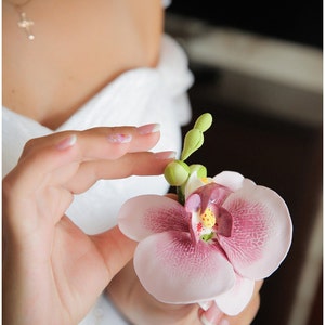 Wedding bouquet and boutonniere set, Clay bouquet with orchids and white freesias, Natural look bouquet image 2