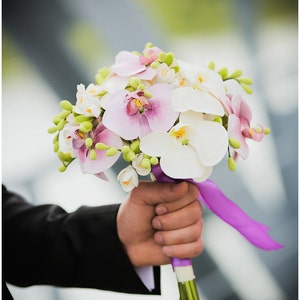 Wedding bouquet and boutonniere set, Clay bouquet with orchids and white freesias, Natural look bouquet
