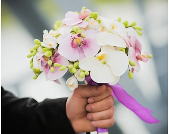 Wedding bouquet and boutonniere set, Clay bouquet with orchids and white freesias, Natural look bouquet