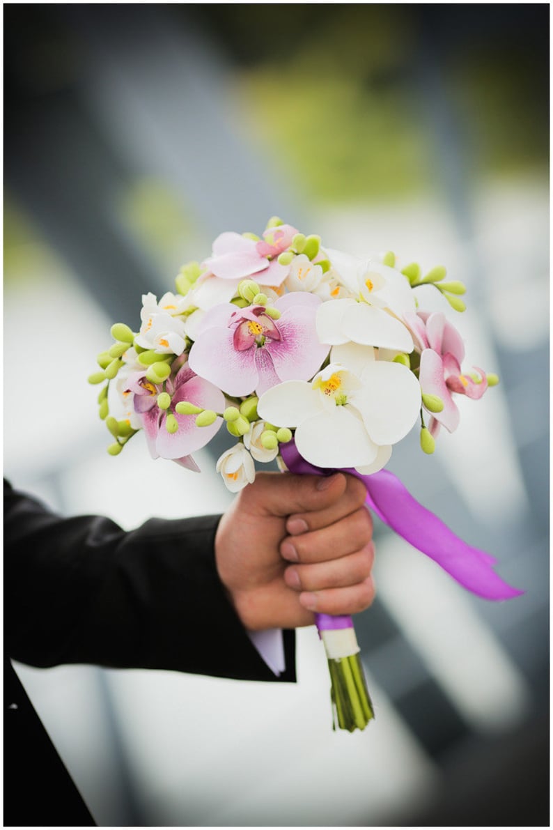 Wedding bouquet and boutonniere set, Clay bouquet with orchids and white freesias, Natural look bouquet image 1