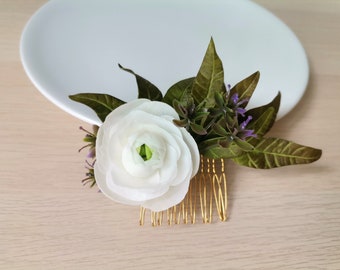 Hair comb, bridal comb, hair accessories, wedding hair flowers, made of air dry polymer clay, ranunculus, eucalyptus, pearls