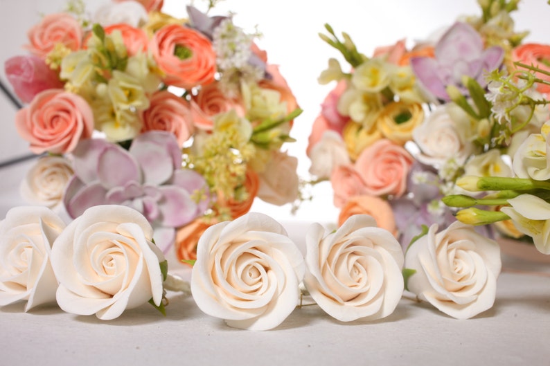 Wedding bouquet and boutonniere set, made of air dry clay, bridal bouquet with roses, succulents, ranunculus and tulips in pastel shades image 4