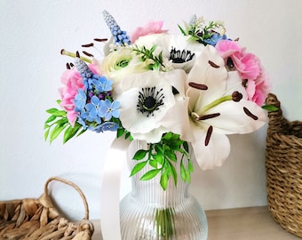 Bridal bouquet, made from air dry polymer clay, wedding flowers, white poppies, pink hidrangea, ranunculus, lilies, blue forget-me-nots