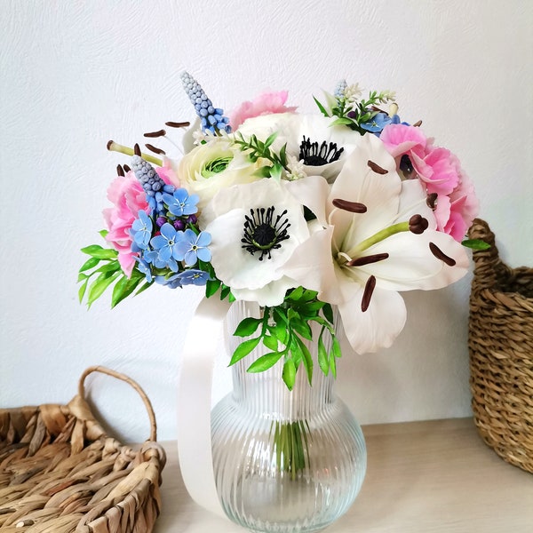 Bridal bouquet, made from air dry polymer clay, wedding flowers, white poppies, pink hidrangea, ranunculus, lilies, blue forget-me-nots