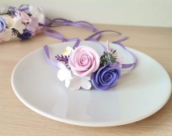 Bridesmaid's corsage, wrist corsage, wedding accessories, floral bracelet, made of air dry polymer clay, roses, hidrangea