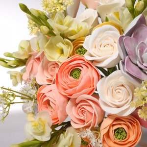 Wedding bouquet and boutonniere set, made of air dry clay, bridal bouquet with roses, succulents, ranunculus and tulips in pastel shades image 2