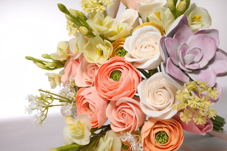 Wedding bouquet and boutonniere set, made of air dry clay, bridal bouquet with roses, succulents, ranunculus and tulips in pastel shades image 2