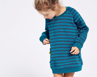 Kinder Pullover Kleid gestreift in blau/türkis