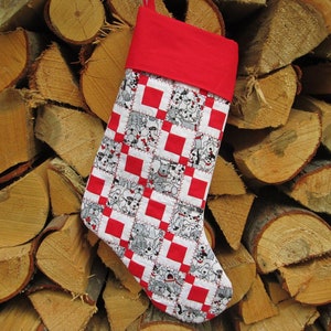 Dog Christmas Stocking, Quilted, Cute sketched dog faces in white, gray with red dog bones and collars, red and white squares, 17” high