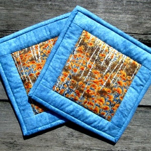 May include: Two blue quilted pot holders with a brown and orange floral print in the center. The pot holders have a light blue border.