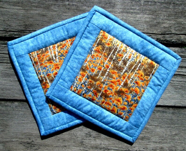 May include: Two blue quilted pot holders with a brown and orange floral print in the center. The pot holders have a light blue border.
