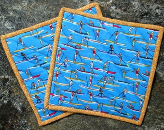 Quilted Potholders: Paddle Boarders & Dogs, Gold Edge (Set of 2)