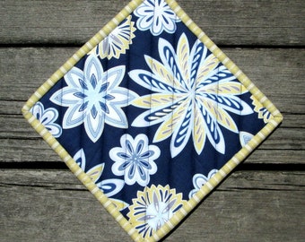 Quilted Hot Pad or Trivet, Dark Blue, Large Modern Pale Yellow and White Flowers, Striped Binding, 8 1/2" x 8 1/2", Mug Rug, Potholder