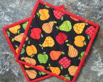 Two Quilted Hot Pad or Potholders, Colorful Patchwork Apples and Pears on Black & Red Binding, Farm to table theme. 8"x8"