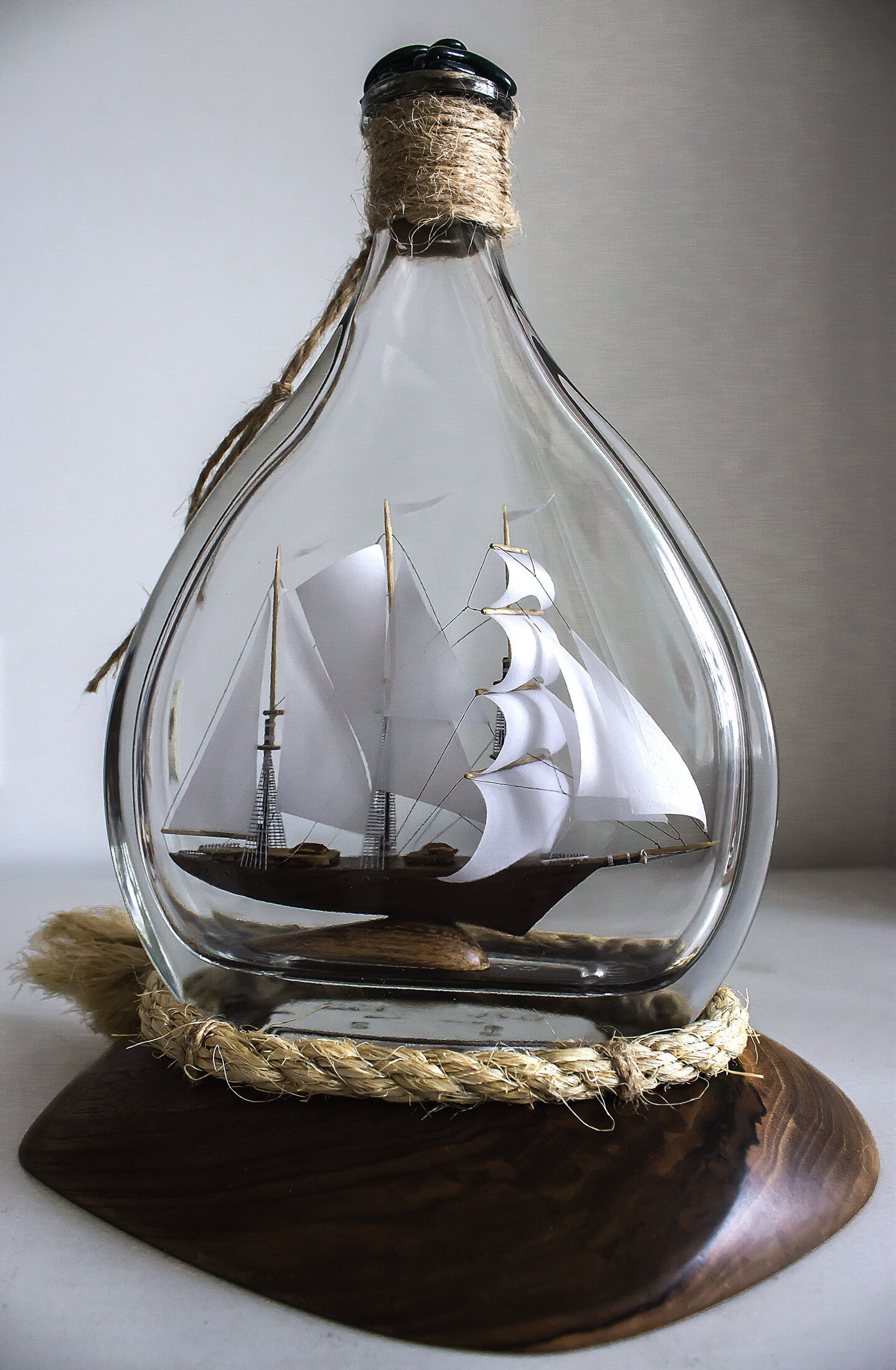 Silver Ship Sailing Boat in Bottle Wedding Home Office Decor Wooden Holder 