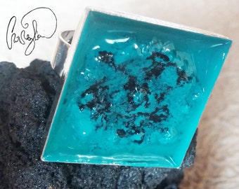 Statement Ring in real lava stone from Etna enameled in aqua green color, natural and raw volcanic ash jewelry.