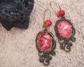 Phoenix earrings "Out of the enamel" firebird jewelry made in real lava rock with red and yellow colors.