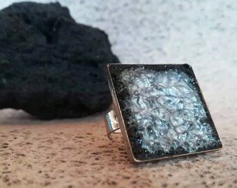 Volcanic ring from Etna lava rock, raw stone science jewelry ring, contemporary ring gray and blue in real volcano ash from volcanism 2013