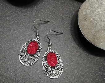 Red stone earring made in real lava rock from Etna, gift for mountain lover, valentine day gift for her,  red earrings long.