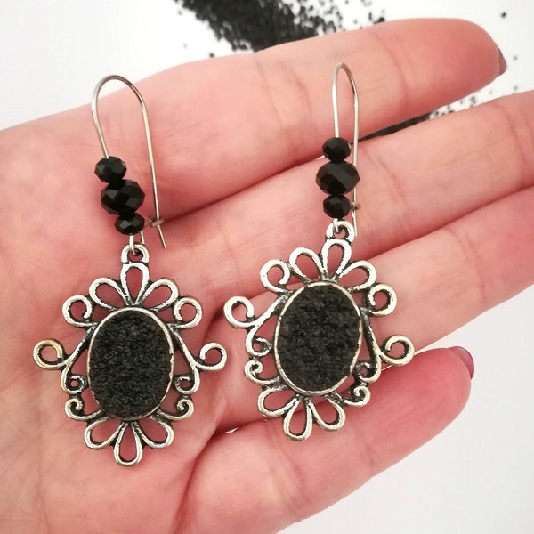 Lava stone dangle hoop earrings sicilian origins gifs for italian, sicily jewelry, Italo American gifts earrings upcycled from Etna eruption