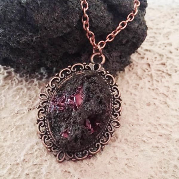 Necklace in real lava stone from Etna, enameled in red tone, fire, nature, raw stone, volcanic ash jewels.