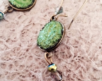 Green earrings made in real lava rock and volcanic ash from Etna, natural and raw stone jewels.