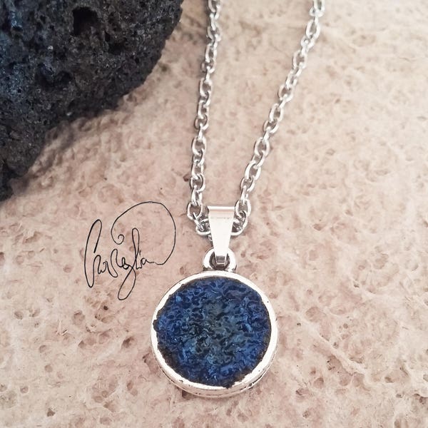 Necklace in real lava stone from Etna, enameled in blue tone, nature, raw stone, volcanic ash jewels.