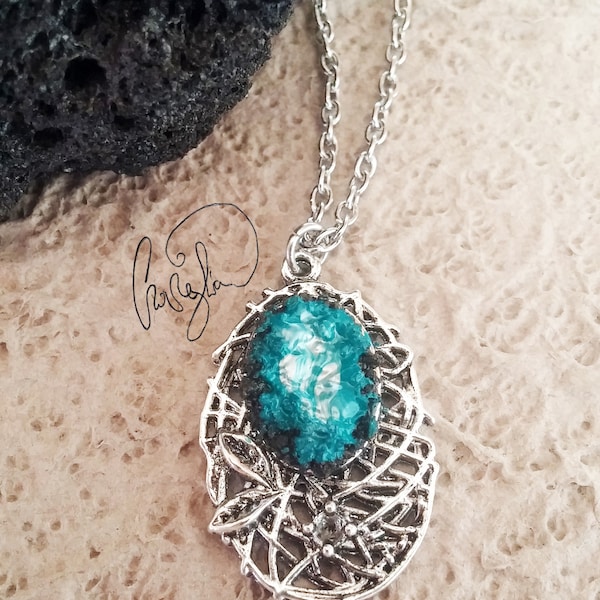 Aqua green necklace made in real lava rock from Etna, turquoise green natural raw stone, volcanic powder jewels