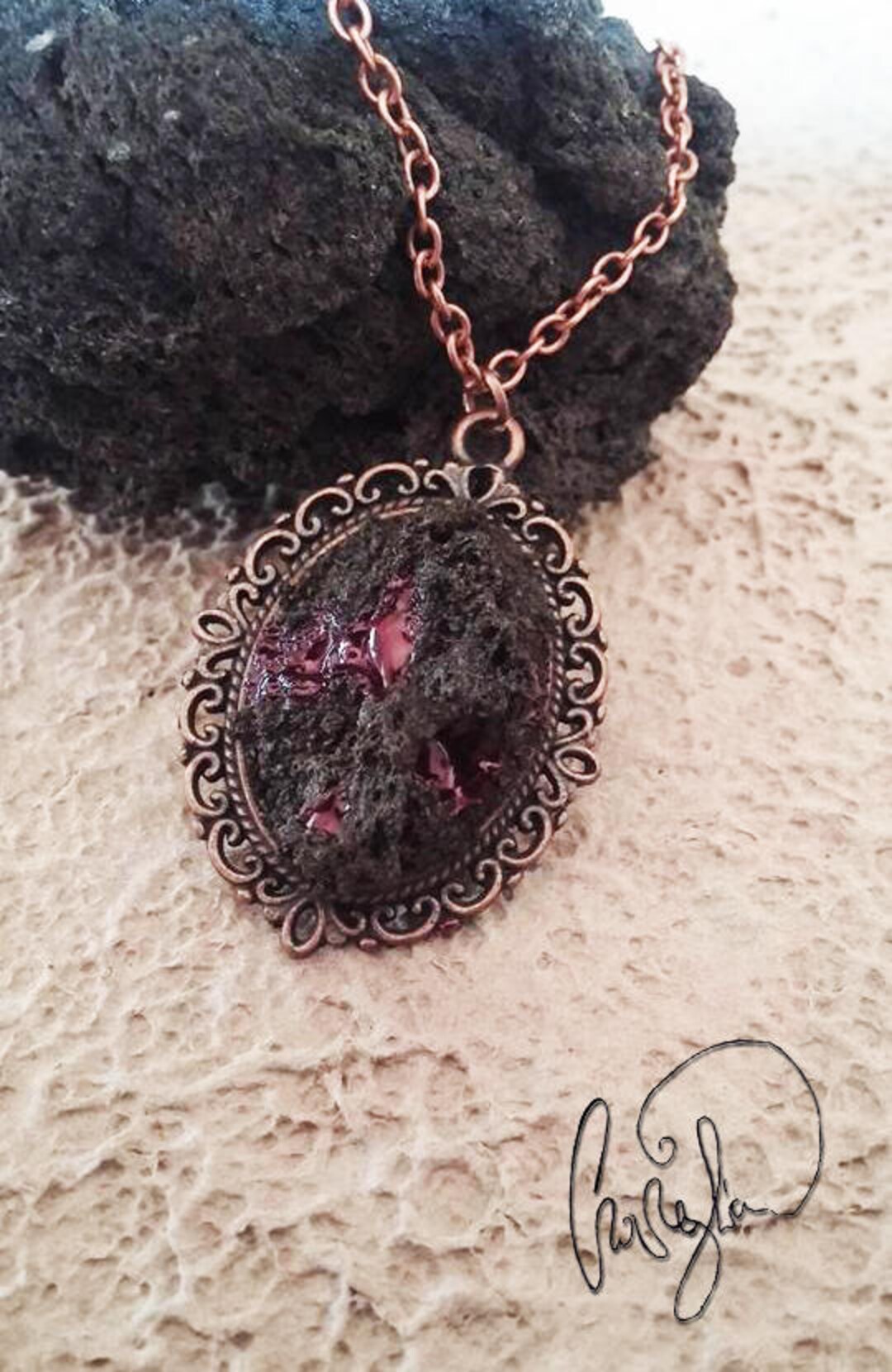 Necklace in Real Lava Stone From Etna, Enameled in Red Tone, Fire ...