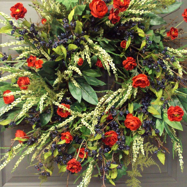 Spring Wreath, Summer Wreath, Ranunculus Wreath, Front Door Wreath, Wild and Woodsy Wreath