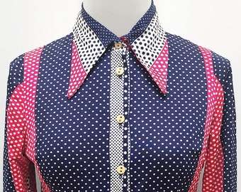 Vintage Blouse/ Free Shipping/ 70s Blouse / Red Blue White Shirt /Polka Dots / Long Sleeves / Colorful Shirt / Polka Dot Blouse