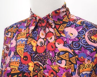 Vintage Blouse/ Free Shipping / 80s 90s Blouse / Long Sleeves / Abstract Print / Colorful Shirt/ Art Shirt / Art Blouse / Colourful Blouse