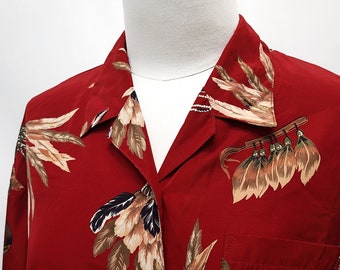 Japan Made Vintage Blouse/ Free Shipping / 80s 90s Red Blouse/ Burgundy Blouse / Long Sleeves/ Native Indian Feather Print/ Japanese Vintage