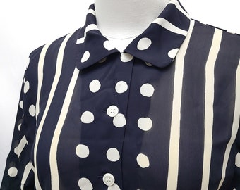 Japan Vintage Blouse/ Free Shipping / 80s 90s Blue Blouse/ Black and White Top/ Short Sleeves/ Polka Dots/ Stripe Pattern/ Made In Japan