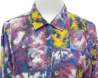 Japan Made Vintage Blouse/ Free Shipping / 80s Blouse / Abstract Print / Rainbow blouse / Rainbow Shirt / Boyfriend shirt / Artistic shirt