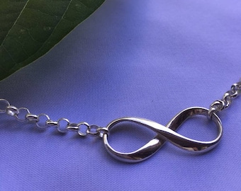 Mobius Silver LARGE INFINITY Rolo Necklace, Horizontal Figure-Eight Adjustable, Men/Women, Custom Engraving, Eternity, Love, Life Symbol