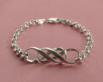 Mobius Silver DOUBLE INFINITY Rolo Bracelet, Sterling Chain, Anniversary, Interconnection, Friendship, Love, Life Symbol