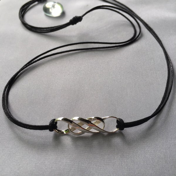 Mobius Silver DOUBLE INFINITY Cord Necklace, Casual Choker, Adjustable Cord, Men/Women/Children Infinity, Relationship Symbol, Yoga, Love,