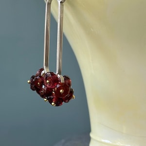 Handmade Dangle Earrings. Brutalist. Hand Forged and Hammered Sterling Silver Bar. Faceted Rondelle Red Garnet. 24kt Gold Vermeil Wires.